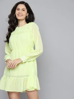 Women Lime Green Frill Hem Short Dress