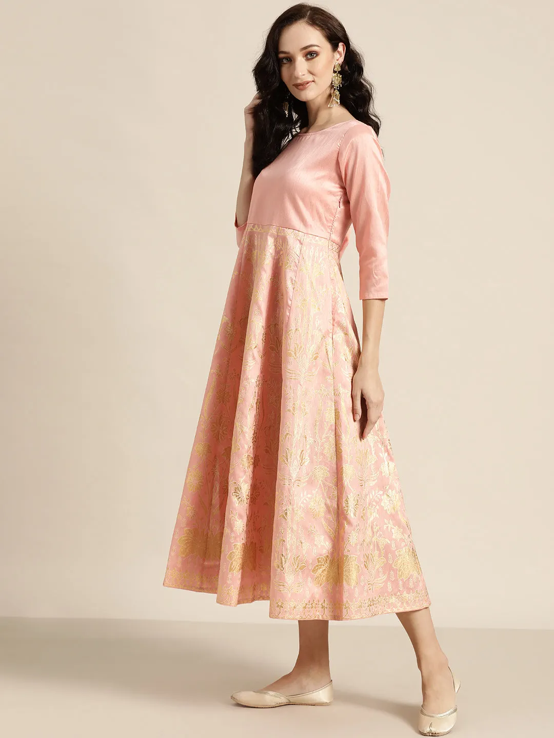 Women Peach Gold Foil Print Anarkali Maxi Dress