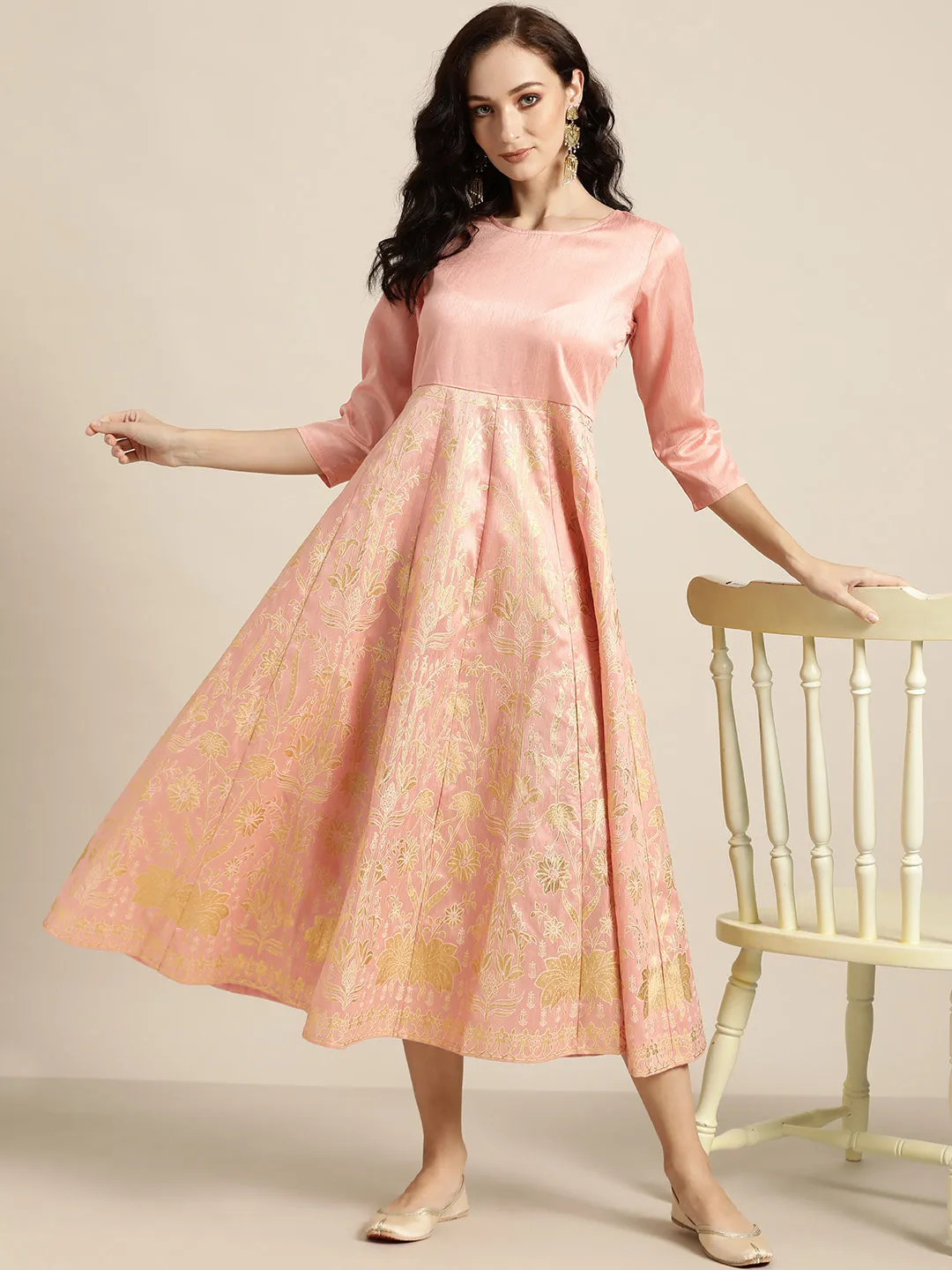 Women Peach Gold Foil Print Anarkali Maxi Dress