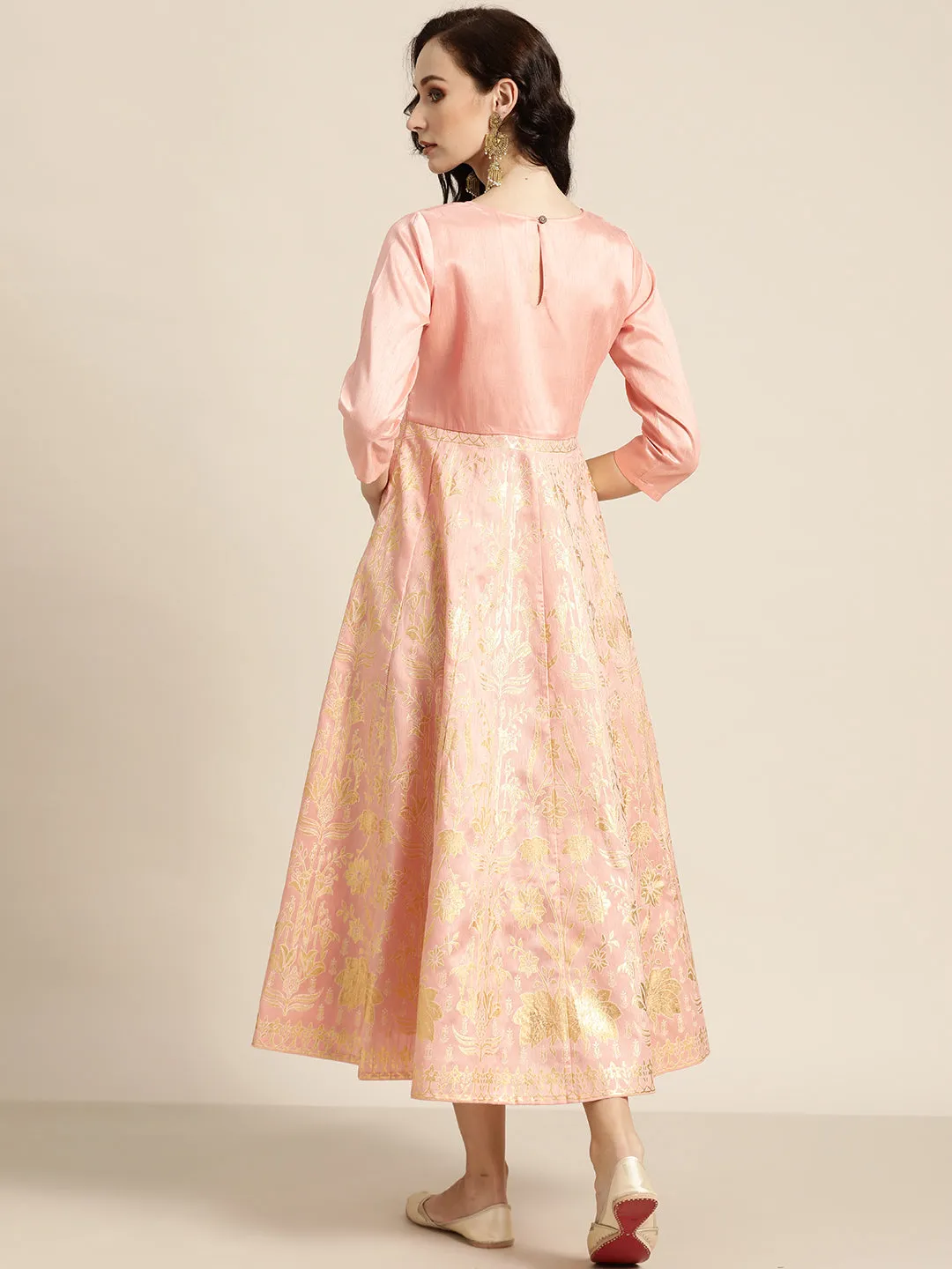 Women Peach Gold Foil Print Anarkali Maxi Dress