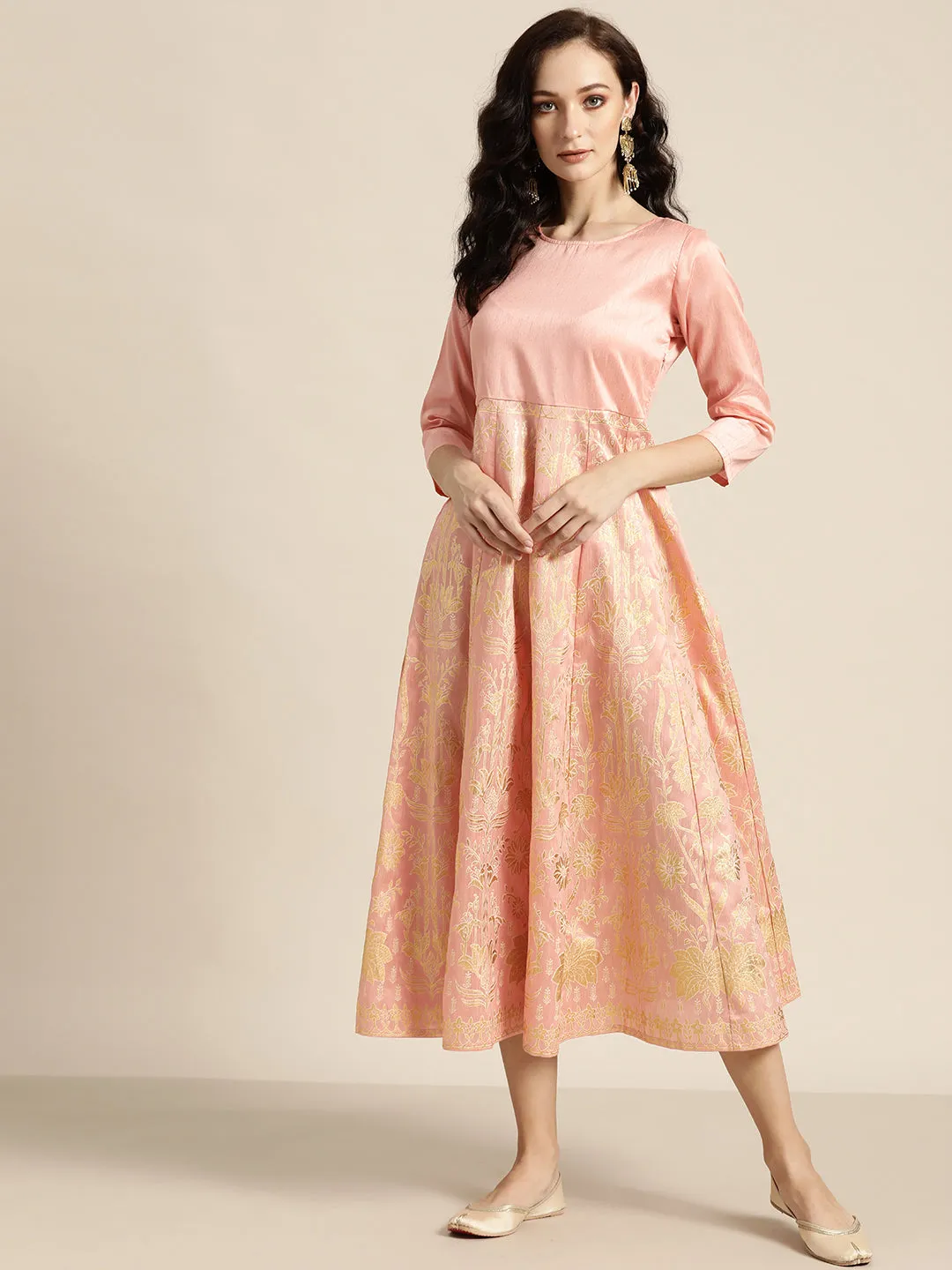 Women Peach Gold Foil Print Anarkali Maxi Dress