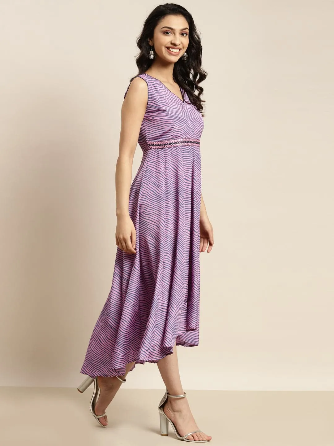 Women Purple Lehariya High Low Anarkali Maxi Dress