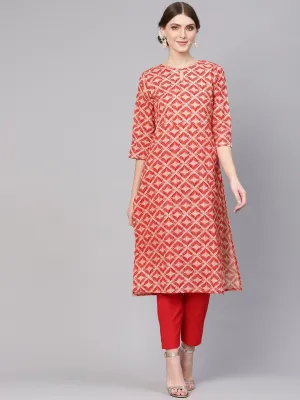 Women Red & White Printed Kurta With Trousers