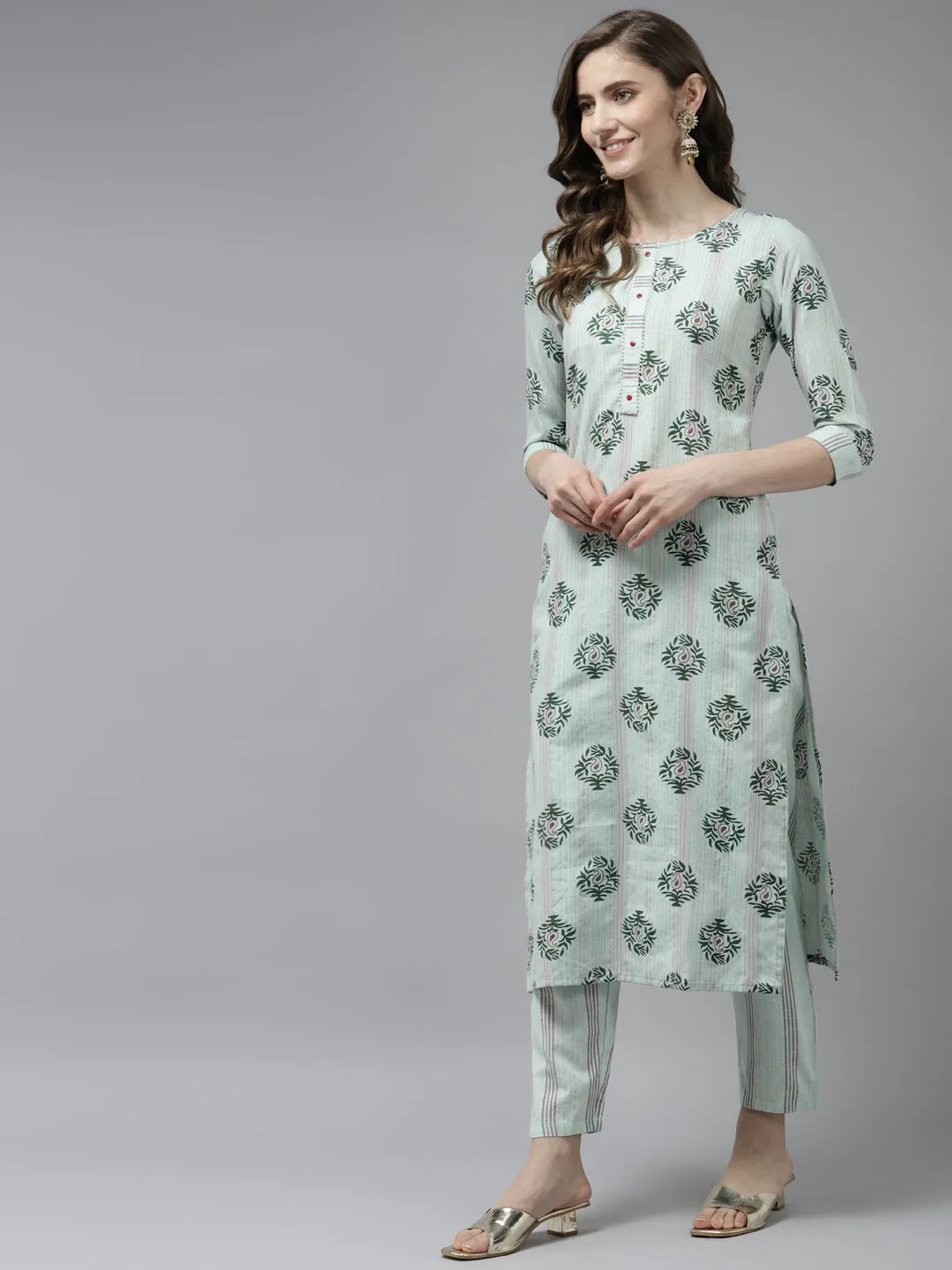 Women Sea Green Cotton Lurex Kurta Set With Dupatta