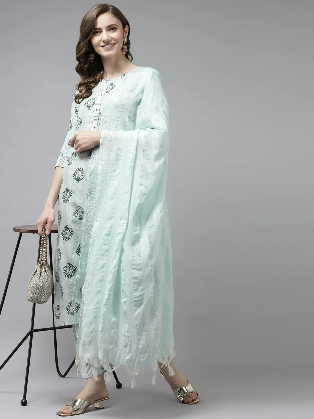 Women Sea Green Cotton Lurex Kurta Set With Dupatta