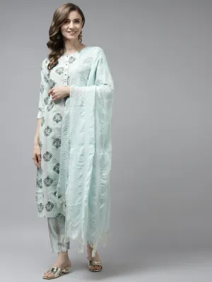 Women Sea Green Cotton Lurex Kurta Set With Dupatta