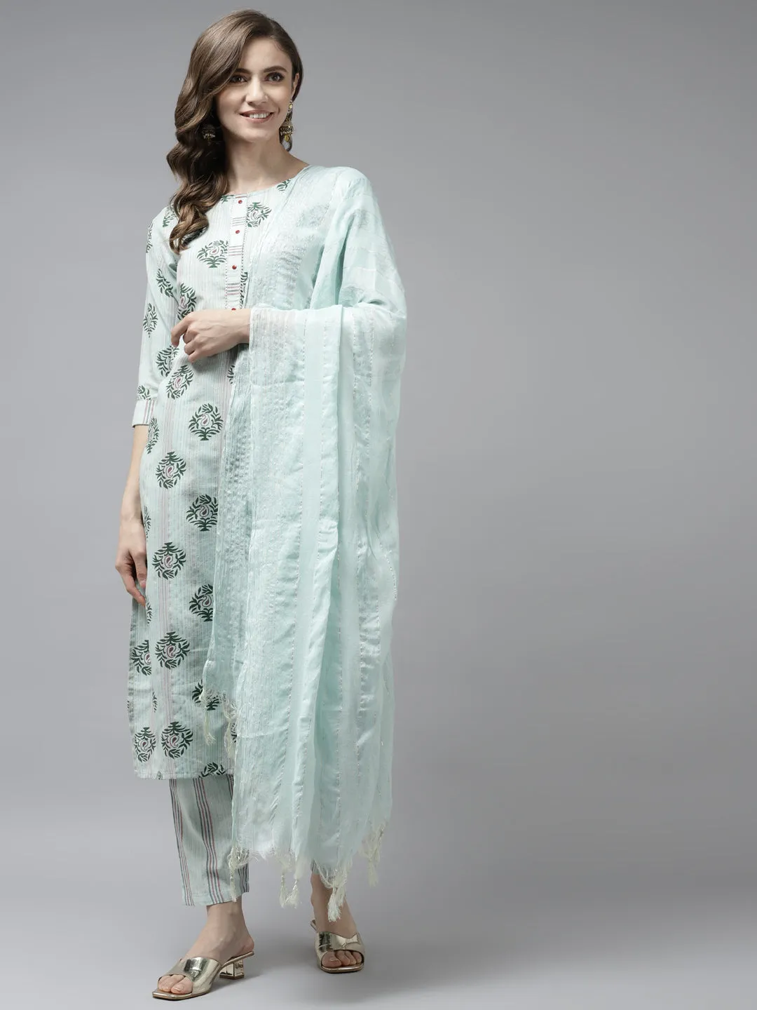 Women Sea Green Cotton Lurex Kurta Set With Dupatta