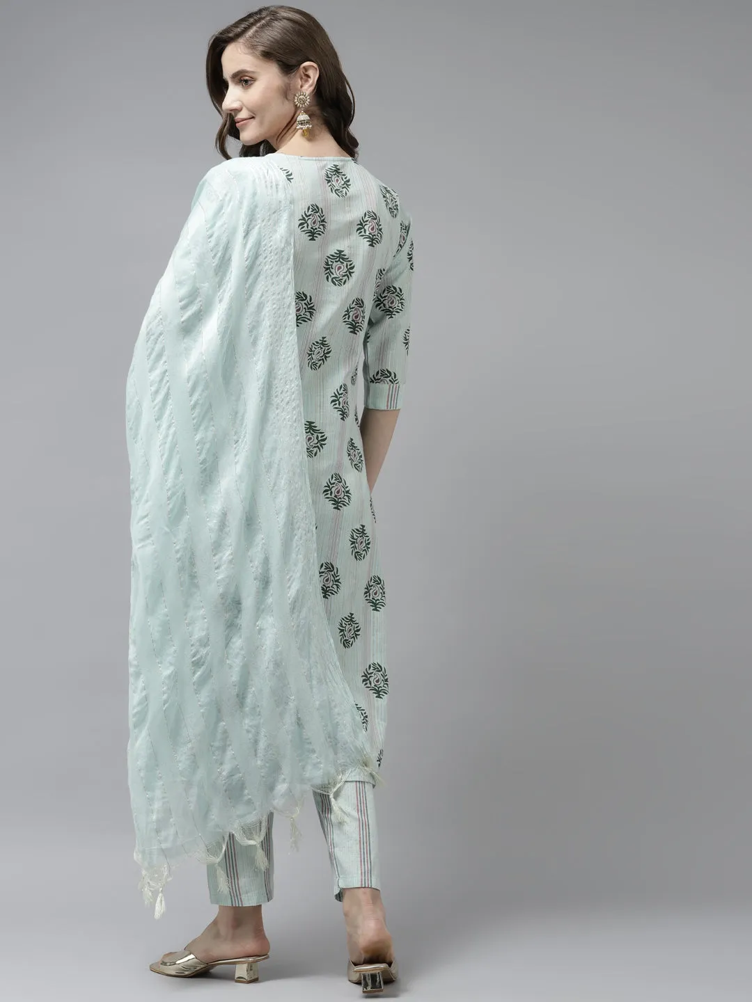 Women Sea Green Cotton Lurex Kurta Set With Dupatta