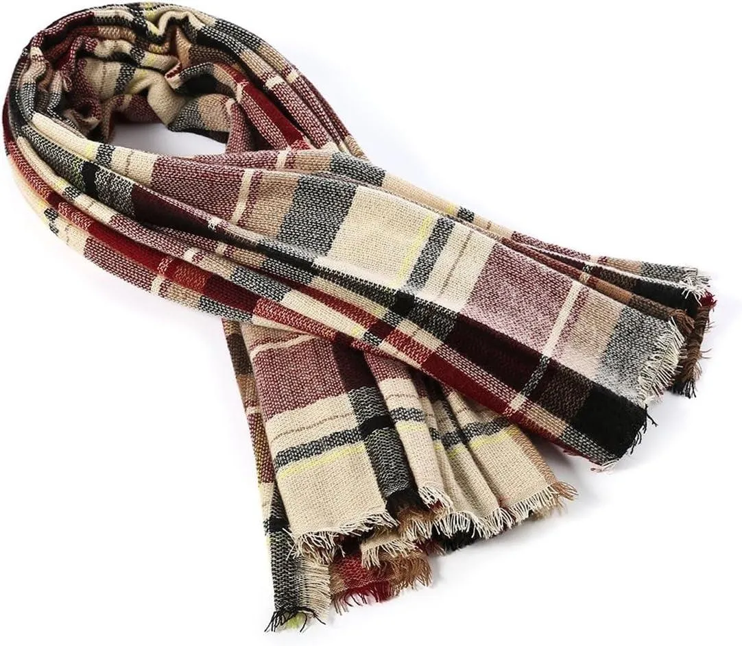 Womens Fall Winter Scarf Plaid Tassel Soft Warm Blanket Scarves Womens Shawl Wraps