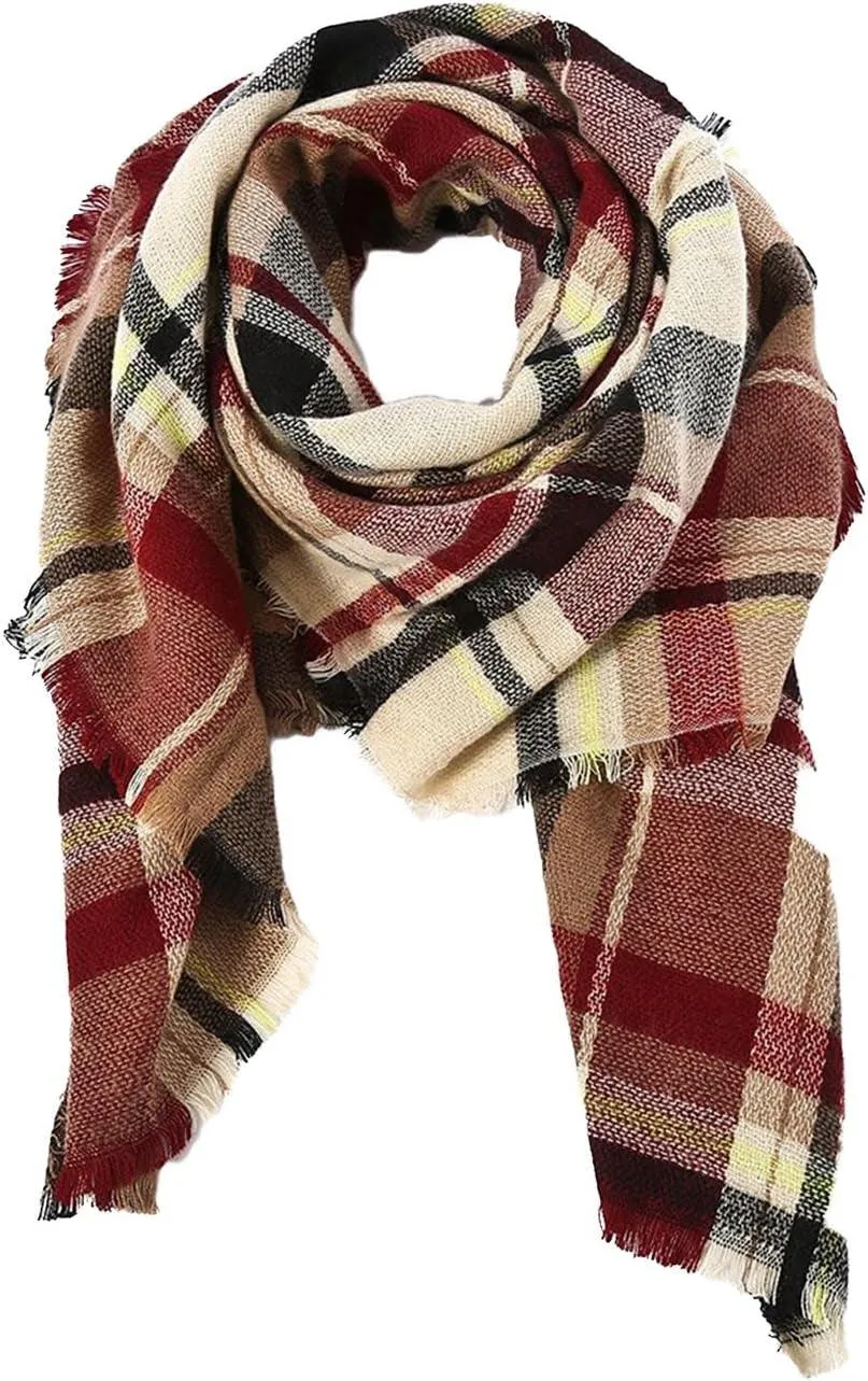 Womens Fall Winter Scarf Plaid Tassel Soft Warm Blanket Scarves Womens Shawl Wraps