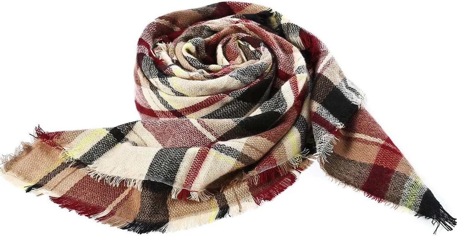 Womens Fall Winter Scarf Plaid Tassel Soft Warm Blanket Scarves Womens Shawl Wraps