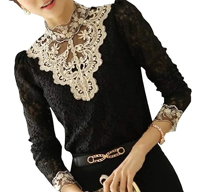 Women's Floral Lace Blouse Overlay Turtleneck Sheer Long Sleeve Party Tops