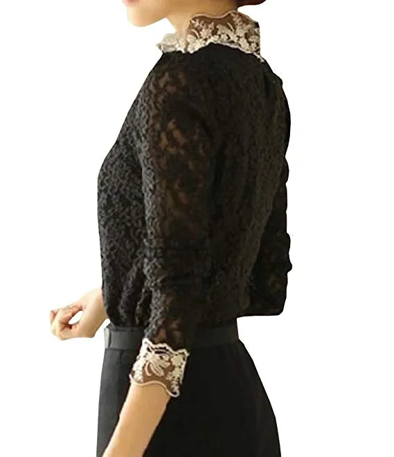 Women's Floral Lace Blouse Overlay Turtleneck Sheer Long Sleeve Party Tops