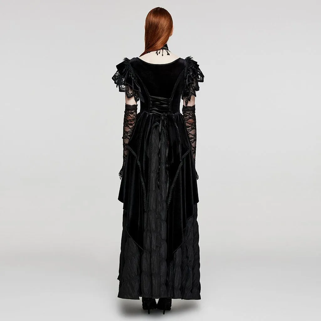 Women's Gothic Ruffled Layered Velvet Wedding Dress with Oversleeves