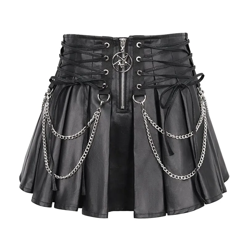 Women's Punk High-waisted Pleated Skirt with Chain