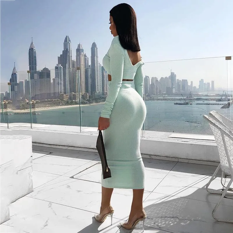 Women's Sexy 2 Piece Outfits Strap Crop Top Skirt Set Bodycon Dress