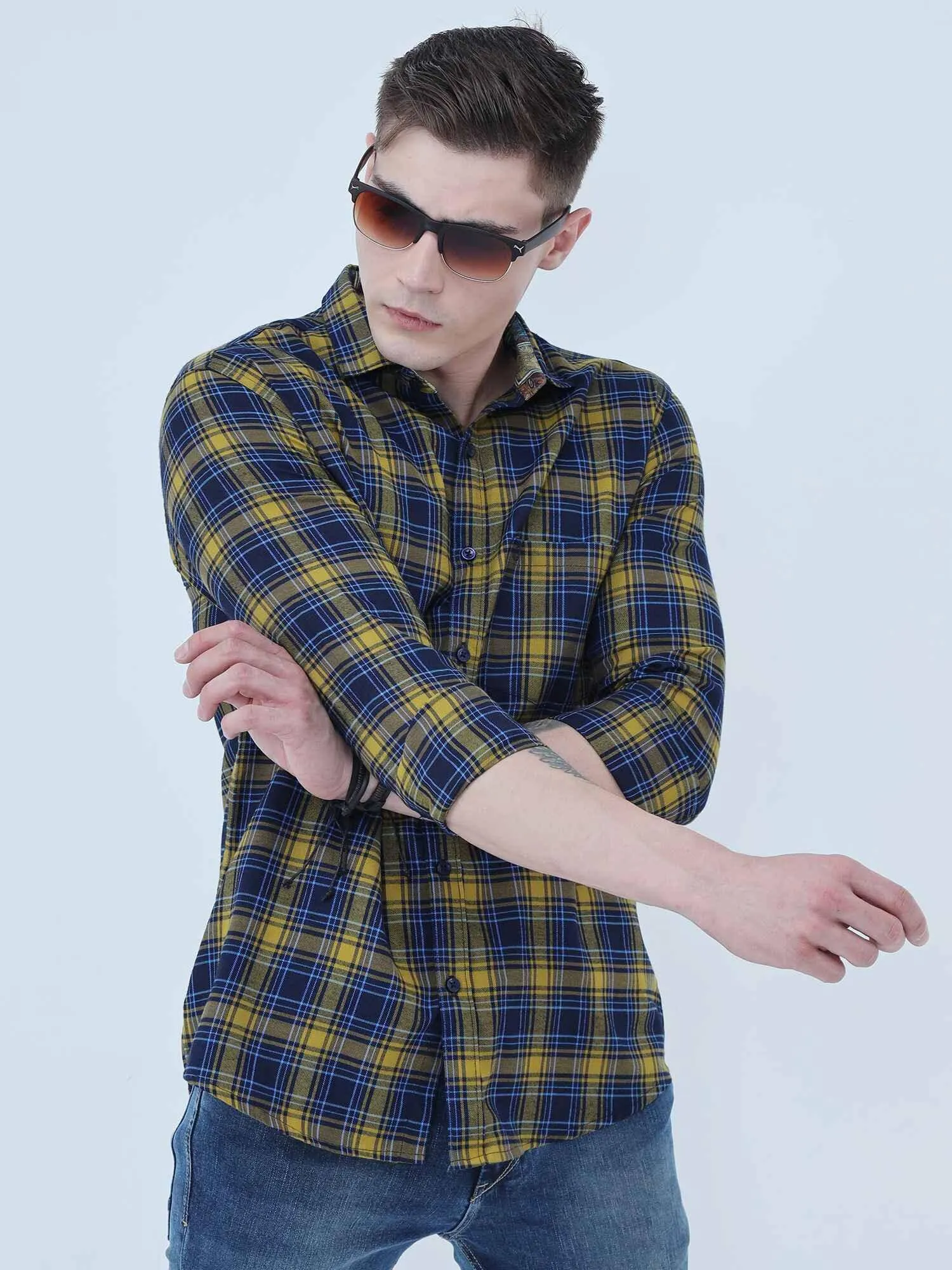 Yellow and Navy Blue Checkered Full Shirt