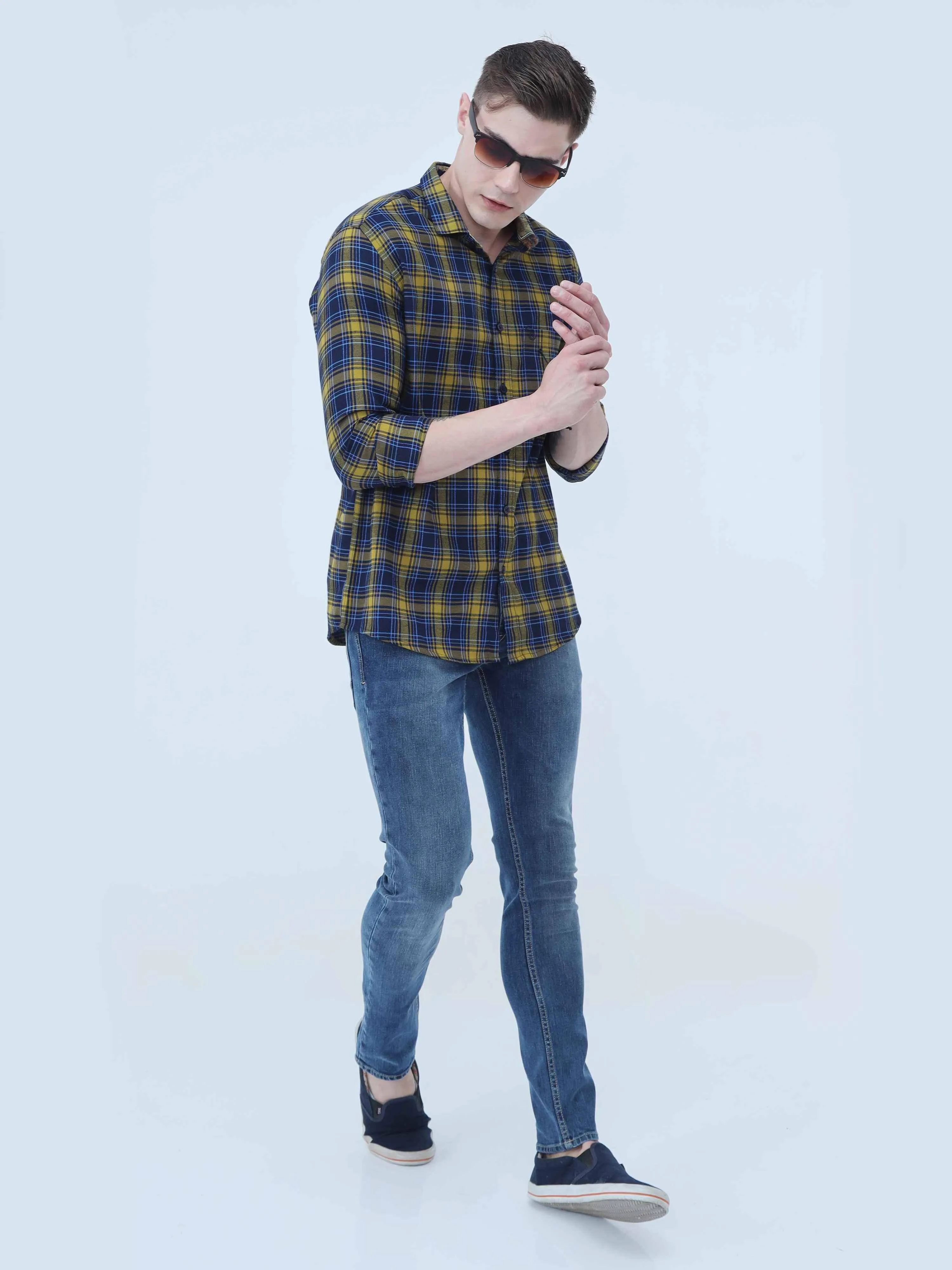 Yellow and Navy Blue Checkered Full Shirt